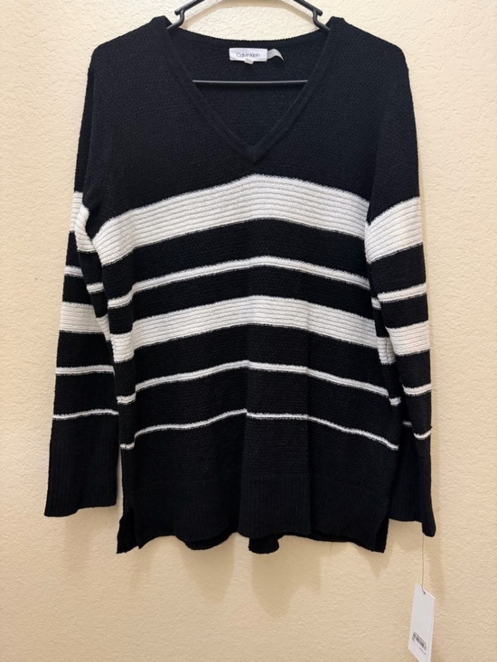 Calvin Klein Black & White Striped V-Neck Pullover